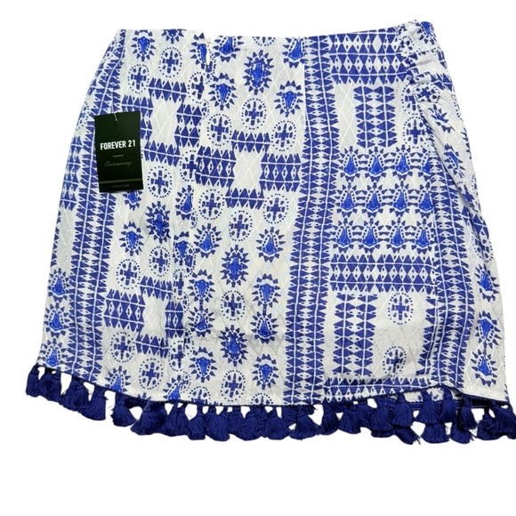 NWT Forever 21 Blue White Tassel Wrap Mini Skirt XS Boho Festival - Picture 2 of 5